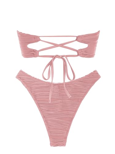 Image of ZAFUL Women Strapless Textured Bandeau Bikini 2 Piece Swimwear Cheeky Solid Lace up Bathing Suits