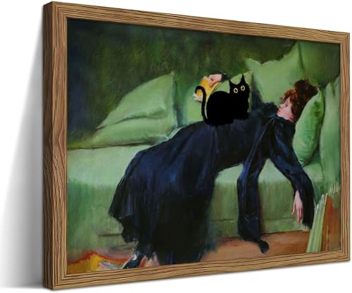 Wood Framed Wall Art - Black Cat on Vintage Oil