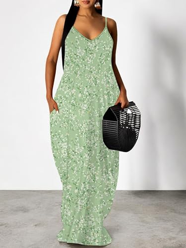 Image of Women Spaghetti Strap Maxi Dress with Pockets | Soft fabric relaxed fit sleeveless v neck with pockets for party and daily wear