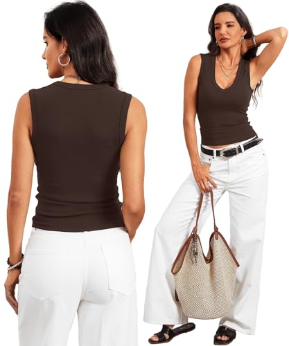 Image of Prettywear Deep V Neck Tank Tops for Women 2026 Summer Fashion Clothes Sexy Casual Ribbed Fitted Sleeveless Going Out Tops