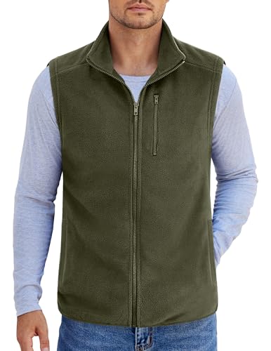 COOFANDY Leichte Fleece-Weste für Herren, ärmellos, Reißverschluss, warme Jacke, lässige Oberbekleidung, Westen mit Taschen, Grün (Army Green), S