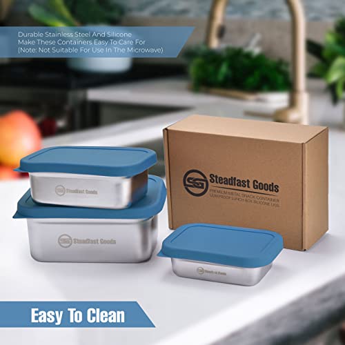 Stainless Steel Containers With Lids For Food Storage – Set Of 3 Stackable Stainless Steel Snack Containers – Rectangle Bento Boxes For Meal Prep, Snacks – Food Grade Metal Food Boxes, Blue #TOP6