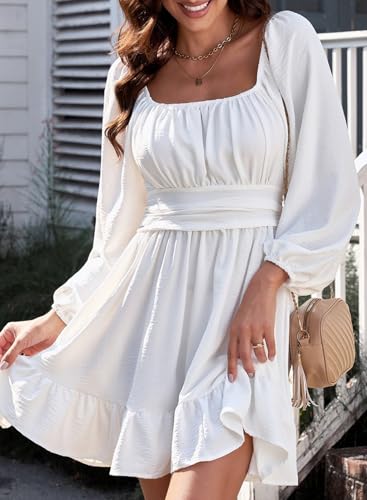Image of Dokotoo Womens Dress Long Lantern Sleeve Square Neck Tie Backless Sexy Dress Ruffle Elastic Waist A-Line Mini Dress