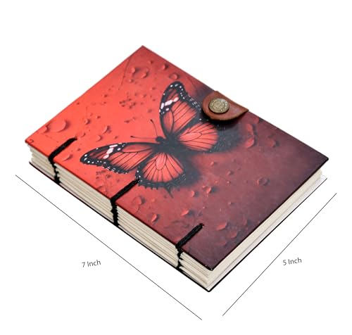 Image of Handmade Hardcover Diary | Red Butterfly Design Journal with Metal Lock & 125 GSM Recycled Paper (7x5 Inch)