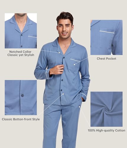 CF Mens Pajamas Set 100% Cotton Sleepwear Button Down Pj Sets Long Sleeve Lounge Set Soft Nightwear with Pockets & Front Fly3