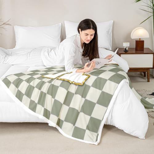 Image of Erosebridal Sage Green Checkered Fleece Blanket Queen 90 inchx90 inch Plaid Initial K Sherpa Blanket Personalized Monogram Fuzzy Plush Throw for Kids Boys Girls,Fashion Grids Gingham Decor for Bed Couch