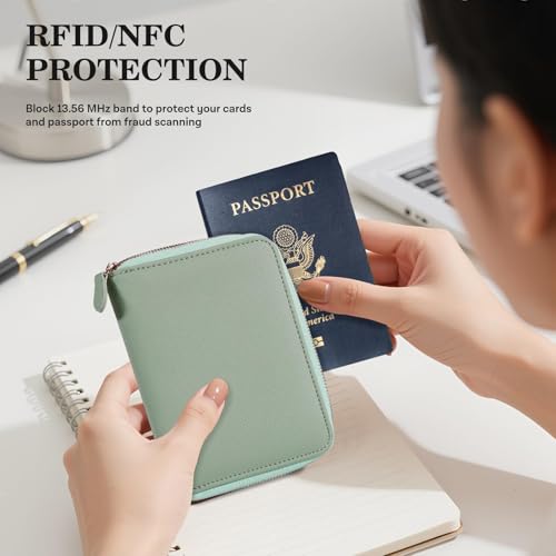 CoBak Passport Holder Cover with Safe Zipper Closure, Premium Passport Wallet for Travel, Cute RFID Blocking Card Case, Waterproof Travel Accessories for Women, Agave Green3