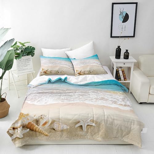 ANHOPE Parure de Lit Océan Plage Coquille Étoile de Mer Housse de Couette 140x200 cm avec 1 Taies d'oreiller 65x65 cm Microfibre Literie avec Fermeture Éclair Toutes...