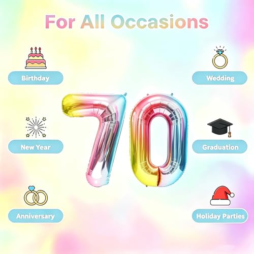 Image of Rainbow Number Balloons Birthday Balloons - Giant Number 70 Balloon 40 inch, Numbers Balloon Birthday Decorations, Rainbow Party Supplies for Baby Shower