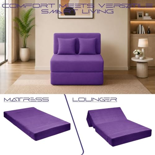 Image of Los Angeles Foldable One Seater Sofa Cum Bed, Sofa Bed 3 X 6 Feet Jute Fabric Washable Cover Including Cushion Perfect for Living Room & Office Guest Room - Purple