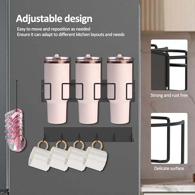 Carbon Steel Magnetic Cup Holder,Space Saving Fridge Tumbler & Water Bottle Organizer,Handle Water Magnetic Bottle Organizer with 5 Hooks for Kitchen Fridge