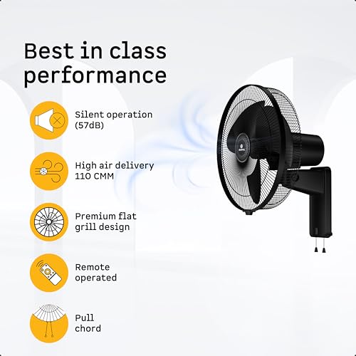 Image of atomberg SilenceAire Hi-Speed 400mm Wall Fan| Energy saving | Ideal for Home & Office| Silent BLDC Wall Fan| 60W | Remote with Oscillation, Timer, Sleep | 2 Years Warranty (Midnight Black)