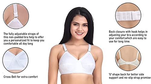 Image of White Cotton Bra for Women Non Padded and Non Wired Bra Everyday Regular wear Full Coverage Ladies Bra (Color - White) (Size All) (Pack of 2)