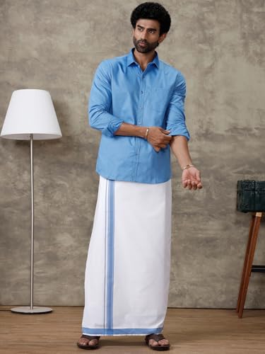 Image of RAMRAJ COTTON Men Full Sleeve Solid Shirt With Matching Border Dhoti|Ideal For Weddings And Occasion