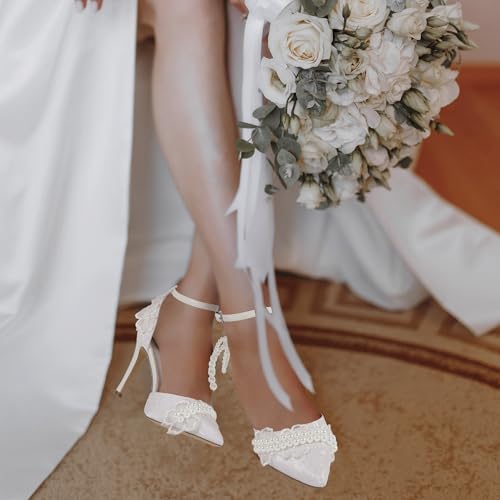 Mofri ShowHow Women's High Heels Stiletto Closed Pointed Toe Heels Pearl Lace Wedding Shoes Ankle Strap Pumps Bridal Party Wedding Dress Shoes2