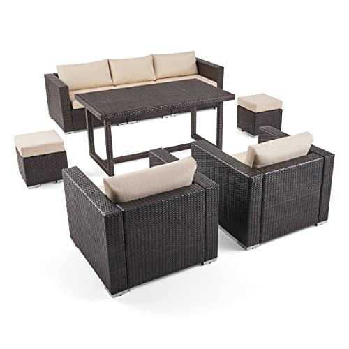Image of DEVOKO 6-Piece Outdoor Patio Dining Sectional Sofa Set with Table & Chairs, All-Weather Wicker Conversation Set Ottoman for Backyard, Garden (Dark Brown & Cream)