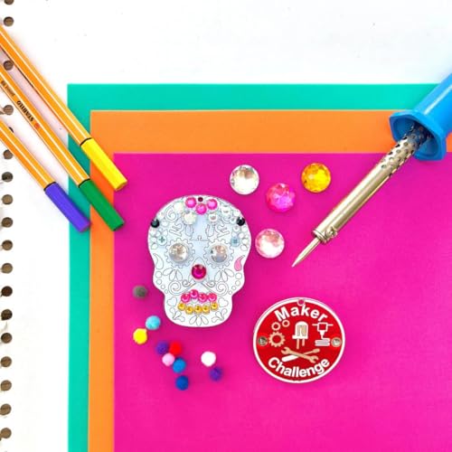 Image of Learn to Solder Sugar Skull Kit | Skill Badge, DIY Electronics and Crafts Project for Students and Adults | Beginner Project for STEM Camps, Classes and Events | Dia de Los Muertos (1)
