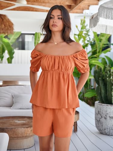 Image of Tankaneo Womens 2 Piece Outfits Summer Square Neck Short Puff Sleeve Babydoll Tops and Shorts Matching Set