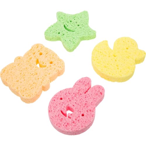 NUOBESTY 4 Esponjas de Baño para Ñiño Suaves y Exfoliantes Tamaño Pequeño de Pulpa de Madera Diseños Infantiles Oso Naranja Estrella Verde Pato Amarillo Conejo Rosa para Cuidado