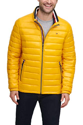 Tommy Hilfiger Men's Wet Look Water Resistant Ultra Loft Down Alternative Puffer Jacket, Yellow Gold, X-Large