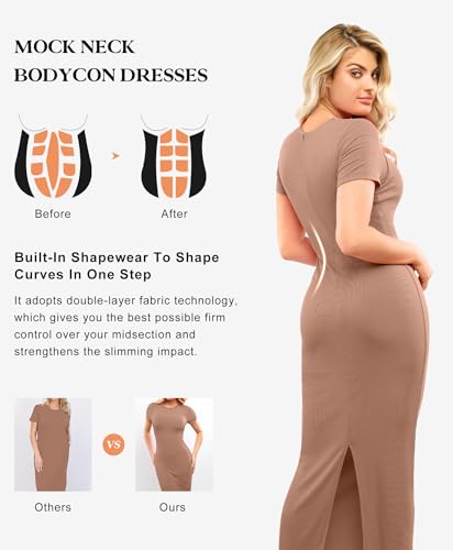 Popilush Shaperwear Dress Built-in Bra Women's Casual Lounge Dress with Zipper Short Sleeve Mock Neck Bodycon Dresses4