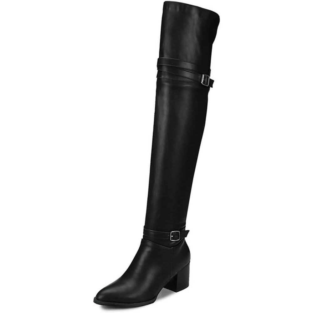 Hyfzxwx Women's F Pu Leather Back Zipper Overknee Boots Chunky Block Heel Thigh High Boots Autumn Winter Boots High/F/39Eu