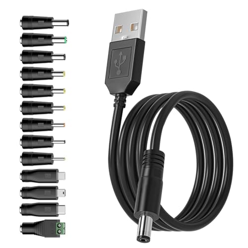 Universal 5V USB to DC Power Cable 1.5M, USB Power Charger to DC 5.5 x 2.1mm Plug Adapter with 13 Interchangeable DC Connectors,Type-C,Micro USB,Mini USB for Speaker, LED Lights, Router, Etc.(Black)