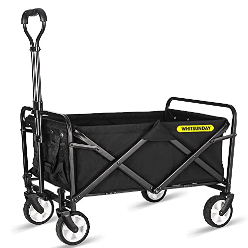 WHITSUNDAY Collapsible Folding Garden Outdoor Park Utility Wagon Picnic Camping Cart 5“ Solid Rubber Wheels (Compact Size, Black)