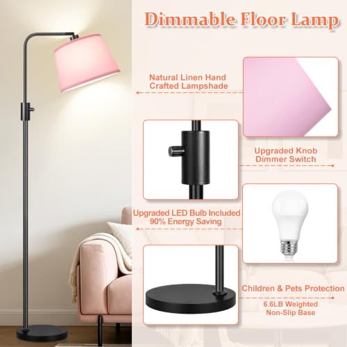 Image of 【Upgraded】 Dimmable Floor Lamp, 1000 Lumens LED Edison Bulb Included, Arc Black Floor Lamps for Living Room Modern Standing Lamp with Pink Shade, Tall Lamps for Living Room Bedroom Office Dining Room