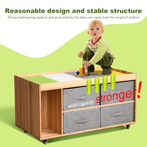 Image of BIRASIL Wooden Kids Activity Table with 8 Cubes Storage Boxes, Multi-Purpose Sensory Table with Wheels for Children, Play Table Compatible with Building Block Board for Preschool Toddler