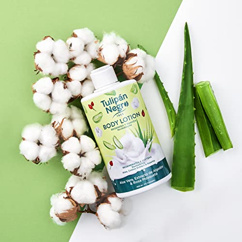 Tulipán Negro Loción Corporal Aloe Vera, Algodón y Rosa Mosqueta, regenerante y revitalizante 400 ml, suaviza todo tipo de piel