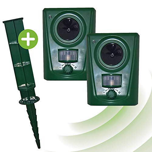 Preisvergleich Produktbild ISOTRONIC Tierabwehrgerät Ultraschall Tiervertreiber 2er Set Batteriebetrieb Akustische Tierabwehr inkl. Erdspieß Effektiv Wildtiere, Kleintiere, Vögel, Hunde, Katzen, Marder vertreiben