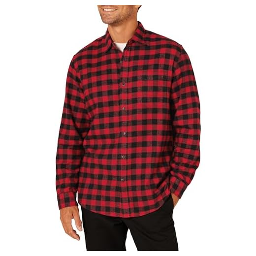 Amazon Essentials Camisa de franela, manga larga (Disponible en Tallas Grandes) Hombre, Negro Rojo Cuadros de Vichy Grandes, S