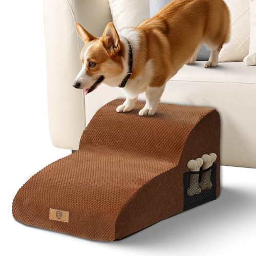 Eukue Hundetreppe 2 Stufen, Verlängert Hunderampe für Kleine Hunde und Katzen, Hochdichtem Schaum Haustiertreppe für Bett und Sofa aus, Tragbare Treppe für Hunde mit Waschbarem Bezug(Braun)