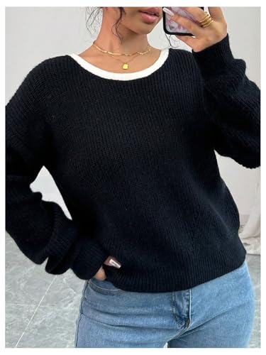 Image of Floerns Women's Colorblock Bowkbot Back Long Sleeve Sweater Cute Pullover Tops Black Large