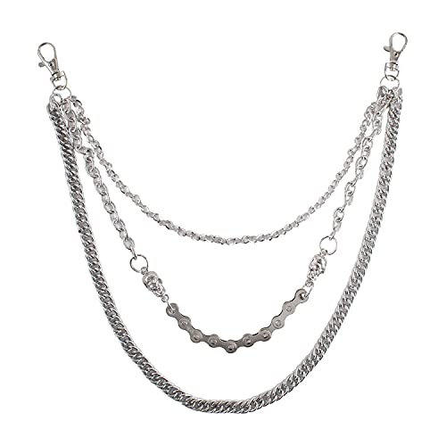 Silver Cool Wallet Chain Men Women Biker Punk Pants Chain Belt Chain Heavy Keychain 3 Layers Skull Jeans Trouser Chain with Both End Lobster Clasps for Punk Gothic Rock Motorcycle