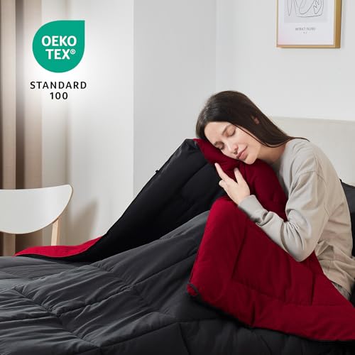 Image of Nestl 3 Piece Quilted Down Alternative Comforter California King Size with 2 Pillow Shams, Red /Black All Season Duvet Inserts Cal King Size Comforter with Corner Tabs