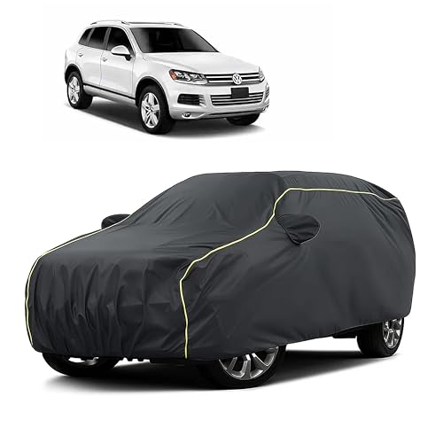 Image of Sulfar 100% Water Resistant Car Body Cover Compatible with Mirror for Volkswagen Touareg (Triple Stitched, Full Bottom Elastic, Dark Grey Taffeta with Yellow Piping)