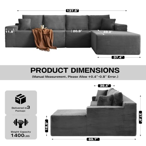 Image of 96 inch Sectional Couches for Living Room Cloud Couch Sofa with L-Shape Upholstered Boneless Couchs Modern Modular Sectional Couch with Chaise (Dark Grey, 136 inch L Shaped with Right Facing Chaise)