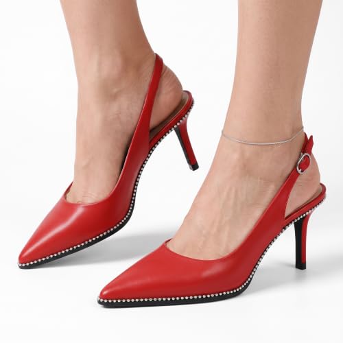 Image of YODEKS Slingback Heels for Women Pointy Toe Beaded Heels Close Toe Kitten Heel Pumps 2.5 Inch Stiletto Pumps Wedding Party Dressy Shoes