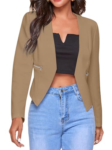 LYANER Women's Long Sleeve Open Front Work Office Blazer Jacket with Zipper Pockets
