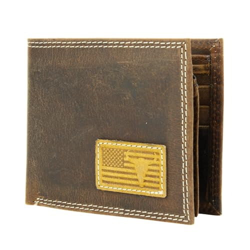 American Bison Men’s Bi-Fold Wallet – Embossed Bison Skull & American Flag Leather Wallet with 2 ID Windows, 6 Card Slots, Dual Bill Compartments – Wooden Gift Box (Brown)2