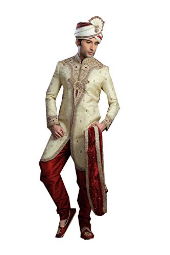 Indian Designer Partywear Traditional Ethnic Gold Mens Wear Sherwani.
