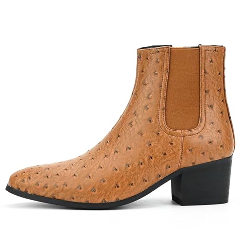 Image of Men'S Classic Leather Chunky Heel Chelsea Boots With Side Zipper Fashion Pointed Toe Elastic Band High Top Block High Heel Formal Chukka Booties For Casual Business Party Wedding
