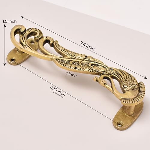 Indian Shelf 1 Pair Peacock Decorative Door Handles Interior Vintage Door Pulls Antique Brass Cabinet Pulls Unique Gold Cabinet Handles- 7.4