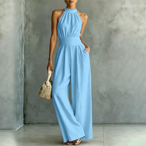 Mono halter de pierna ancha elegante para invitadas de boda de verano 5