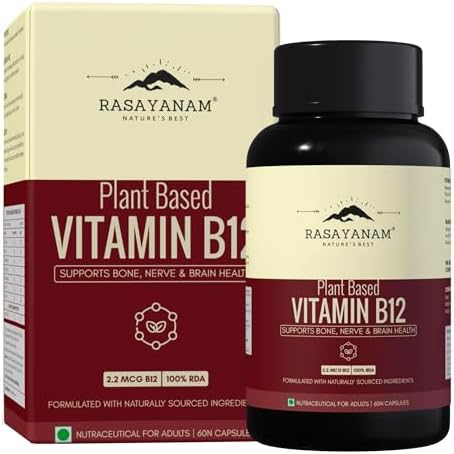 Rasayanam Plant-Based Vitamin B12 | 100% Vegan Vitamin B12 | Enriched with 7 Superfoods like Moringa, Amla & More | Supports Energy, Nerve Health & Brain Function | 60 Veg Capsules