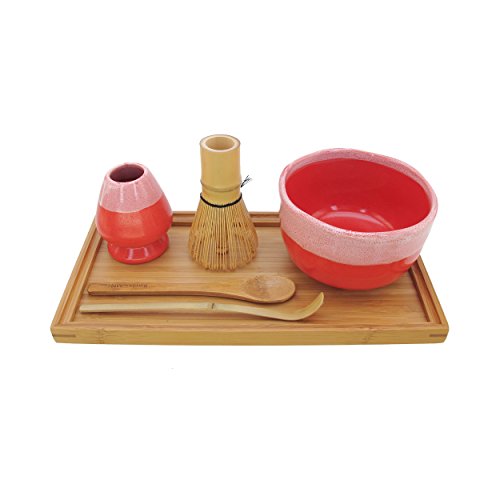 BambooMN Brand - Matcha Bowl Set (Includes Bowl, Rest,Tea Whisk, Chasaku, Tea Spoon & Tray) 1 Set Coral