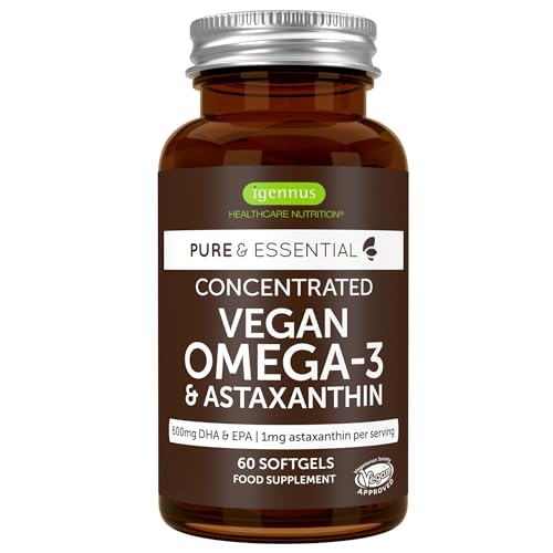 Omega 3 Vegano, Aceite de Algas & Astaxantina, 1344 mg Omega 3 Certificado, 60 Cápsulas Blandas, (DHA 400 mg + EPA 600 mg), Ingredientes Puros, Softgels fáciles de tragar, de Igennus