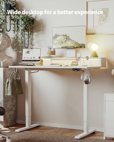 Image of Agilestic 48x24 Inch Electric Standing Desk with Shelf, Height Adjustable Desk with Power Outlets & LED, Sit Stand Up Table with Monitor Stand, Computer Workstation, White